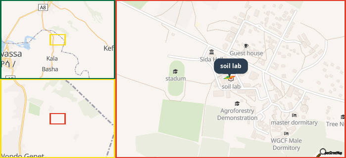 Map showing the address of soil lab in three different zoom levels.