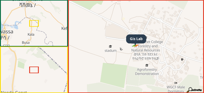 Map showing the address of Gis Lab in three different zoom levels.