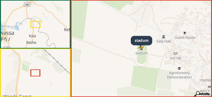 Map showing the address of stadum in three different zoom levels.