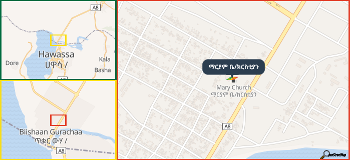 Map showing the address of ማርያም ቤ/ክርስቲያን in three different zoom levels.