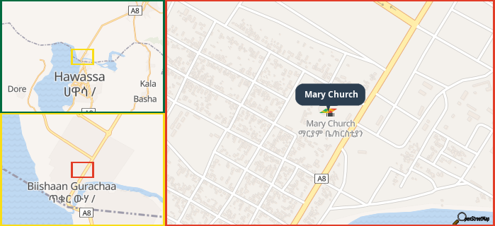 Map showing the address of Mary Church in three different zoom levels.