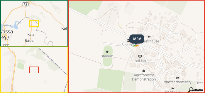 Map showing the address of MRV in three different zoom levels.