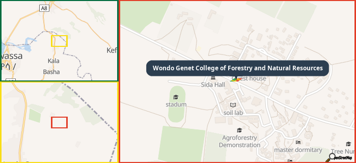 Map showing the address of Wondo Genet College of Forestry and Natural Resources in three different zoom levels.