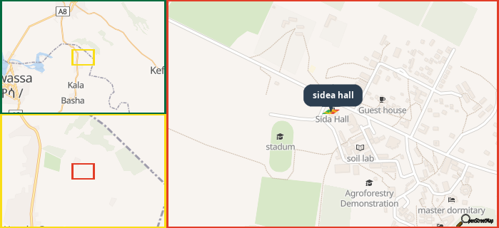 Map showing the address of sidea hall in three different zoom levels.