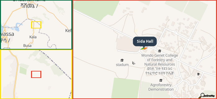 Map showing the address of Sida Hall in three different zoom levels.