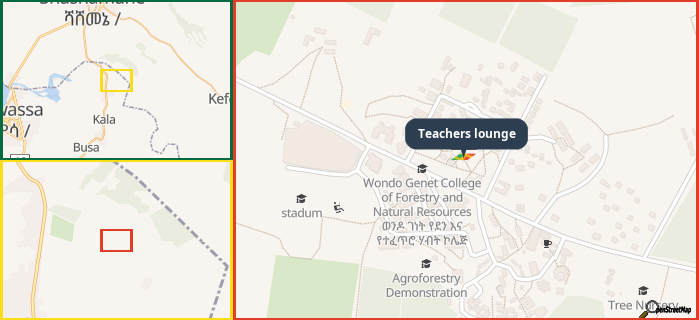 Map showing the address of Teachers lounge in three different zoom levels.