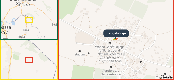 Map showing the address of bangalo loge in three different zoom levels.