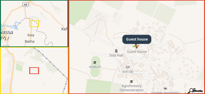 Map showing the address of Guest house in three different zoom levels.