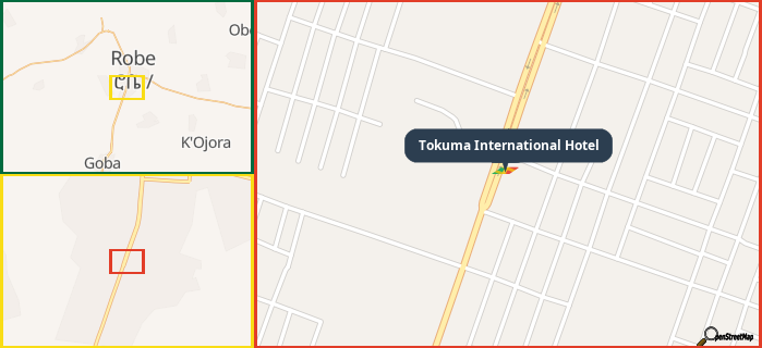 Map showing the address of Tokuma International Hotel in three different zoom levels.