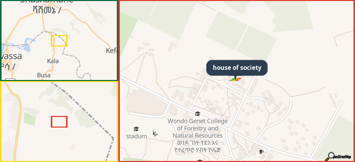 Map showing the address of house of society in three different zoom levels.