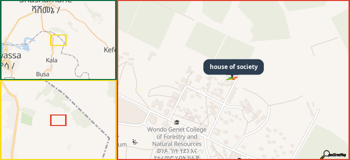 Map showing the address of house of society in three different zoom levels.