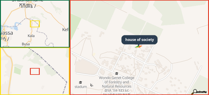 Map showing the address of house of society in three different zoom levels.