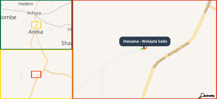 Map showing the address of Hossana - Wolayta Sodo in three different zoom levels.
