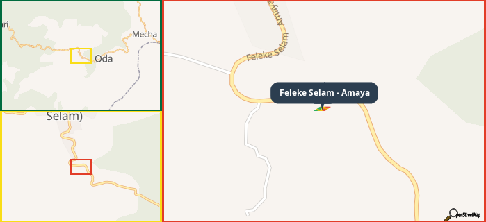 Map showing the address of Feleke Selam - Amaya in three different zoom levels.