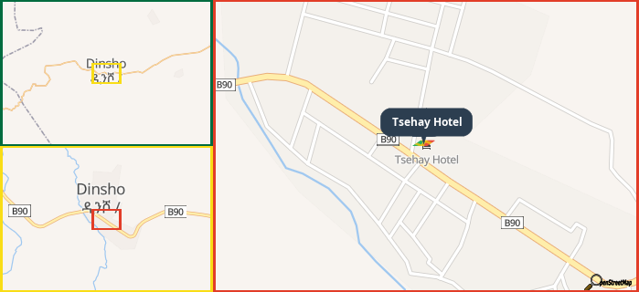 Map showing the address of Tsehay Hotel in three different zoom levels.