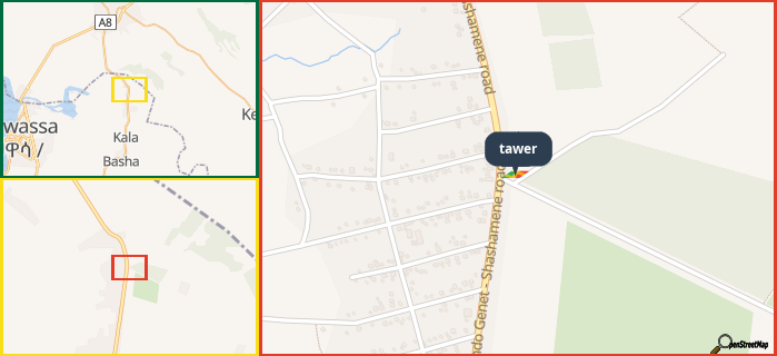 Map showing the address of tawer in three different zoom levels.
