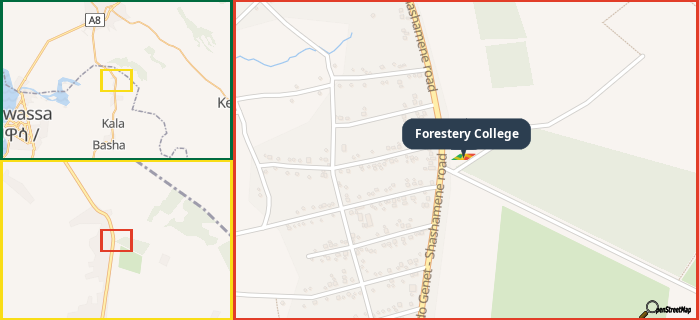 Map showing the address of Forestery College in three different zoom levels.