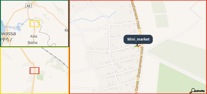 Map showing the address of Mini_market in three different zoom levels.