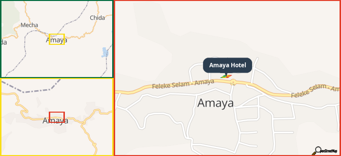 Map showing the address of Amaya Hotel in three different zoom levels.