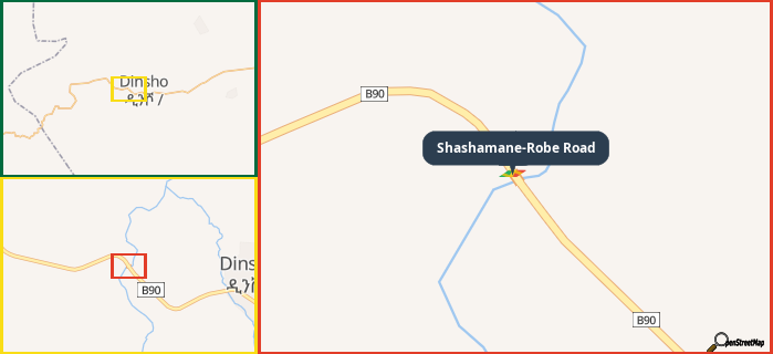 Map showing the address of Shashamane-Robe Road in three different zoom levels.