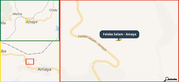 Map showing the address of Feleke Selam - Amaya in three different zoom levels.