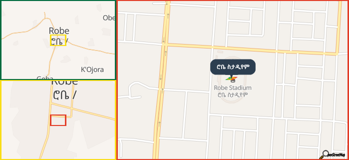 Map showing the address of ሮቤ ስታዲየም in three different zoom levels.