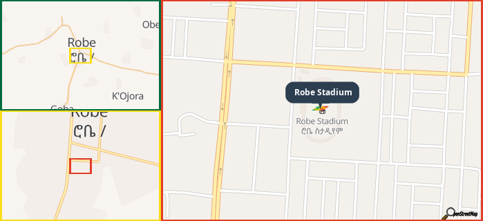 Map showing the address of Robe Stadium in three different zoom levels.