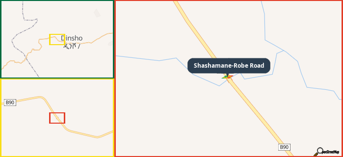 Map showing the address of Shashamane-Robe Road in three different zoom levels.