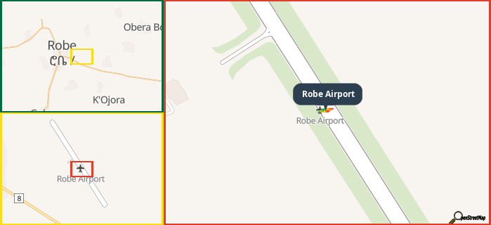Map showing the address of Robe Airport in three different zoom levels.