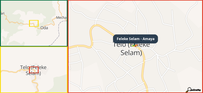 Map showing the address of Feleke Selam - Amaya in three different zoom levels.