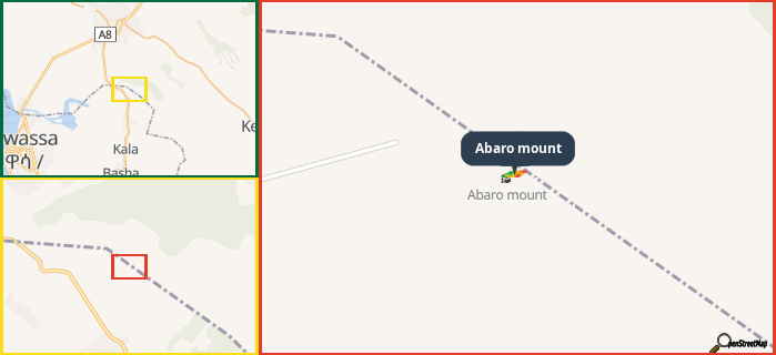 Map showing the address of Abaro mount in three different zoom levels.