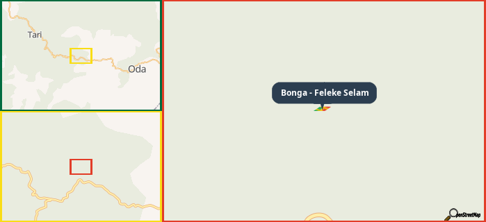 Map showing the address of Bonga - Feleke Selam in three different zoom levels.