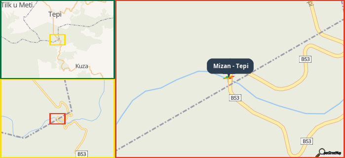 Map showing the address of Mizan - Tepi in three different zoom levels.