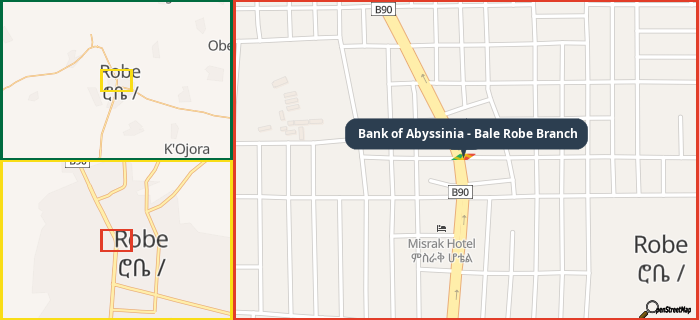 Map showing the address of Bank of Abyssinia - Bale Robe Branch in three different zoom levels.