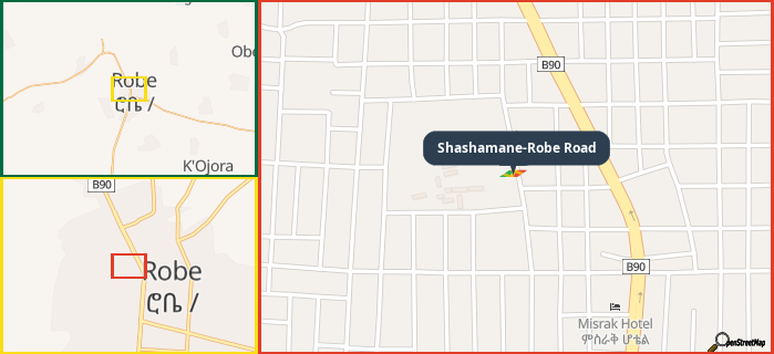 Map showing the address of Shashamane-Robe Road in three different zoom levels.