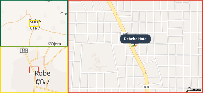 Map showing the address of Debebe Hotel in three different zoom levels.
