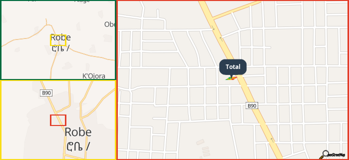 Map showing the address of Total in three different zoom levels.