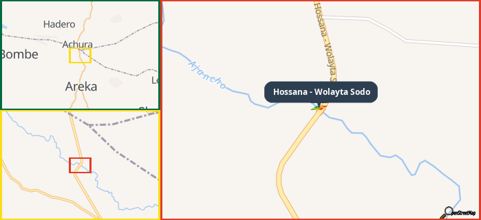 Map showing the address of Hossana - Wolayta Sodo in three different zoom levels.