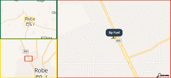 Map showing the address of Bp Fuel in three different zoom levels.