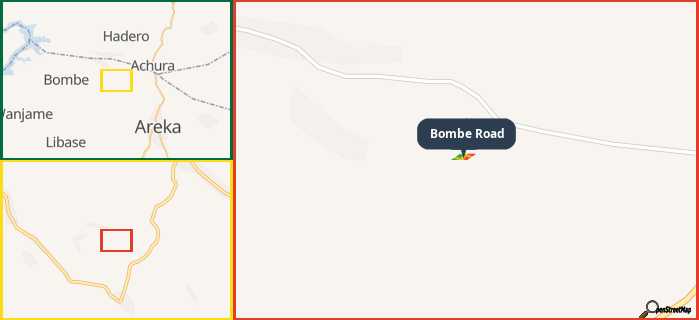 Map showing the address of Bombe Road in three different zoom levels.