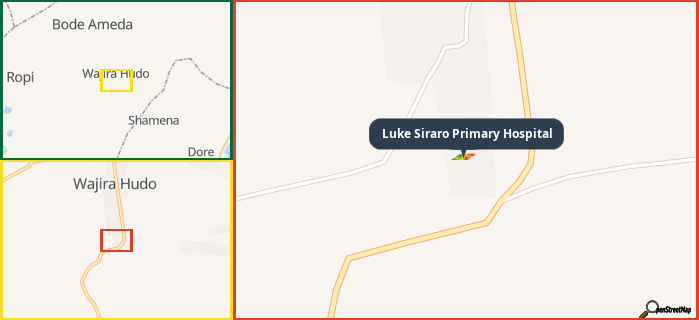 Map showing the address of Luke Siraro Primary Hospital in three different zoom levels.