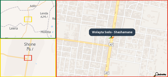 Map showing the address of Wolayta Sodo - Shashamane in three different zoom levels.