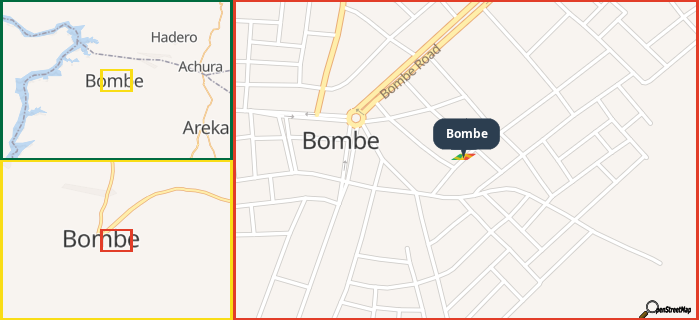 Map showing the address of Bombe in three different zoom levels.