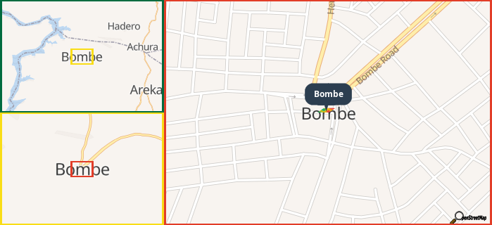 Map showing the address of Bombe in three different zoom levels.