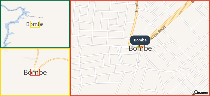 Map showing the address of Bombe in three different zoom levels.