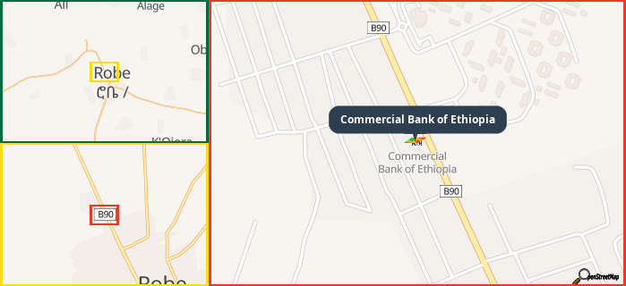 Map showing the address of Commercial Bank of Ethiopia in three different zoom levels.