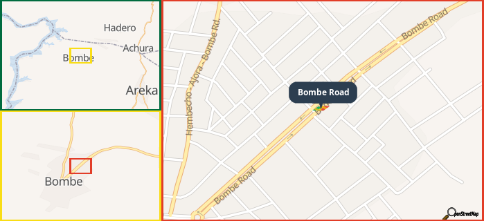 Map showing the address of Bombe Road in three different zoom levels.