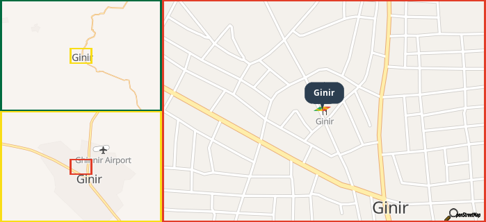 Map showing the address of Ginir in three different zoom levels.