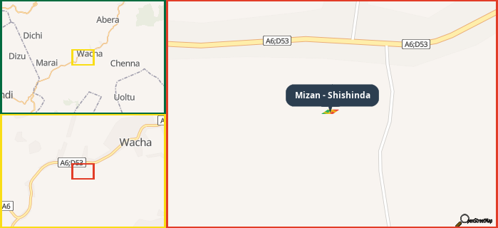 Map showing the address of Mizan - Shishinda in three different zoom levels.