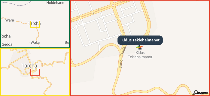 Map showing the address of Kidus Teklehaimanot in three different zoom levels.